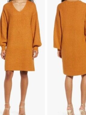 Rachel Parcell Ribbed V-Neck Sweater Dress in Warm Caramel